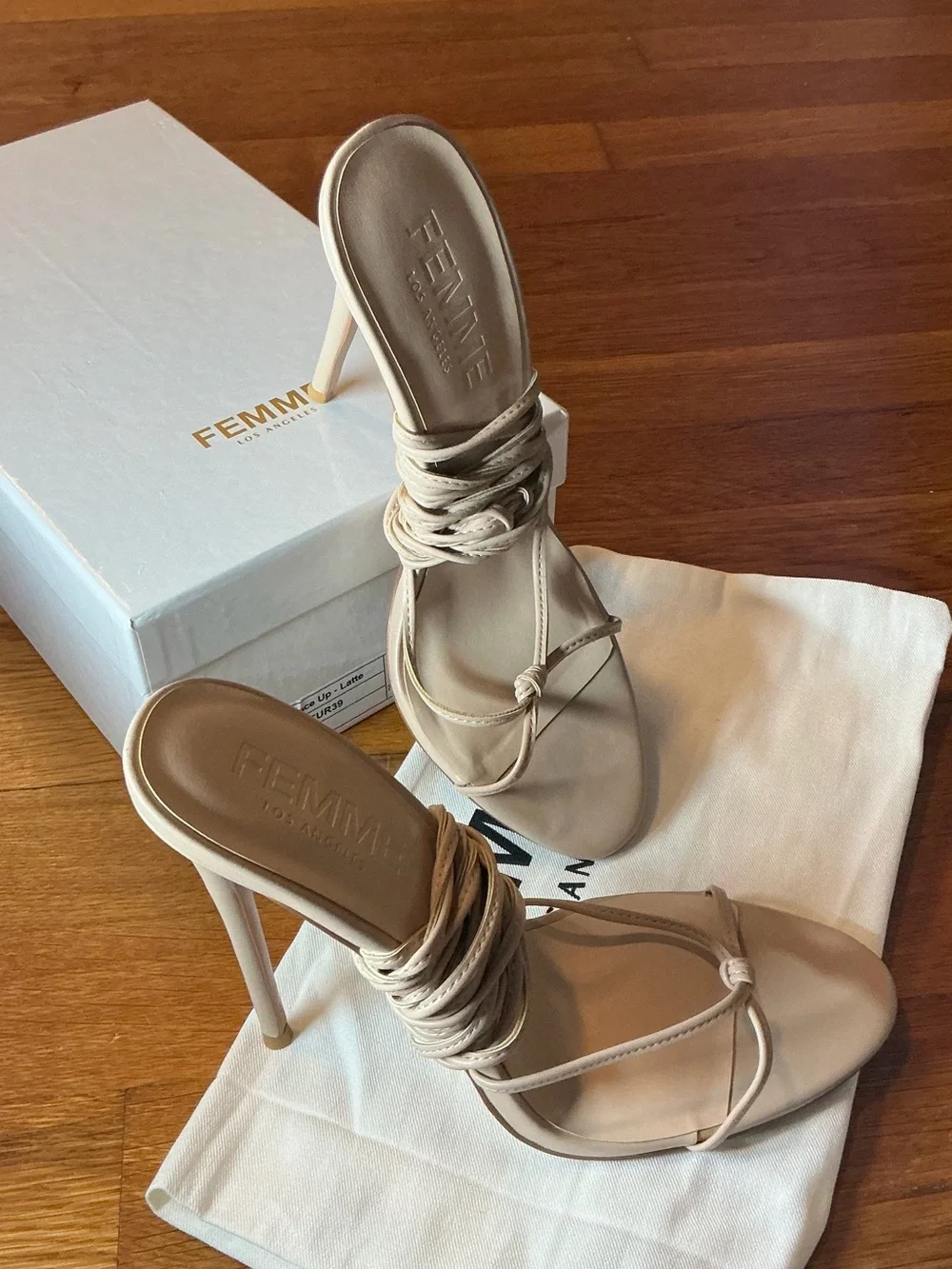 FEMME LA Nude Wrap-Strap Stiletto Sandals
